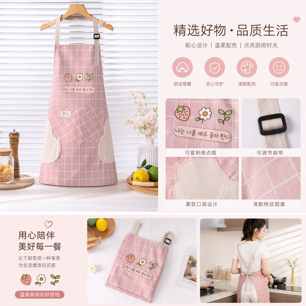 Pink checkered apron, kitchen oil-proof and water-proof, extended tie, adjustable pure cotton apron pic 1