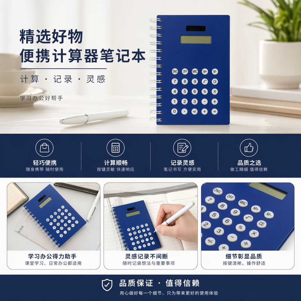 蓝色螺旋笔记本计算器 便携式带笔多功能学生办公用品详情1