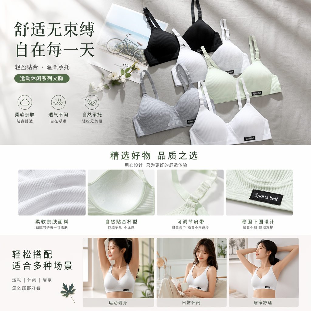 多色条纹无钢圈文胸套装 舒适透气聚拢调整款详情1