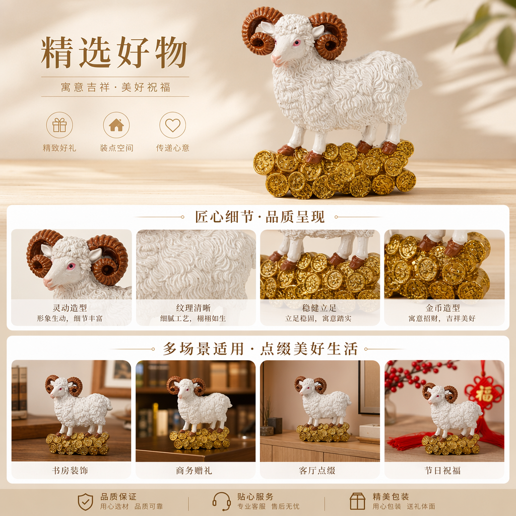 白色羊形摆件 羊身棕色卷角配金色硬币堆装饰详情1