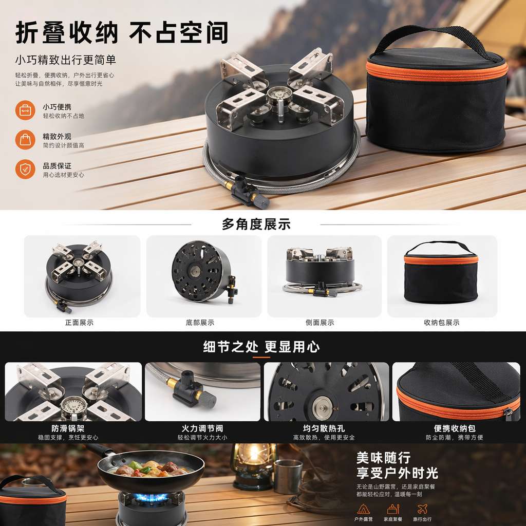 Black folding portable stove with black orange edge storage bag, lightweight outdoor camping and barbecue set pic 1