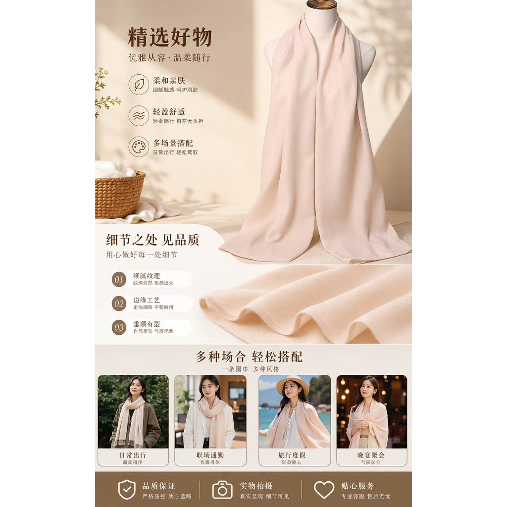 浅粉色羊绒围巾女士秋冬保暖百搭长款针织围巾详情1