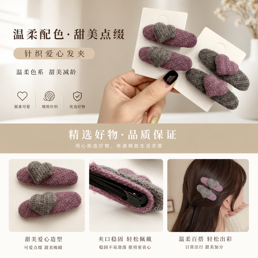 毛线心形珍珠抓夹发卡饰品 甜美少女风发夹详情1