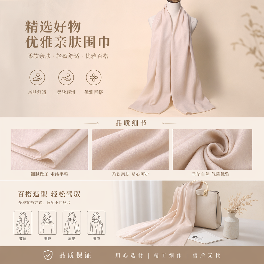 浅粉色羊绒混纺围巾秋冬保暖百搭女士配饰详情1