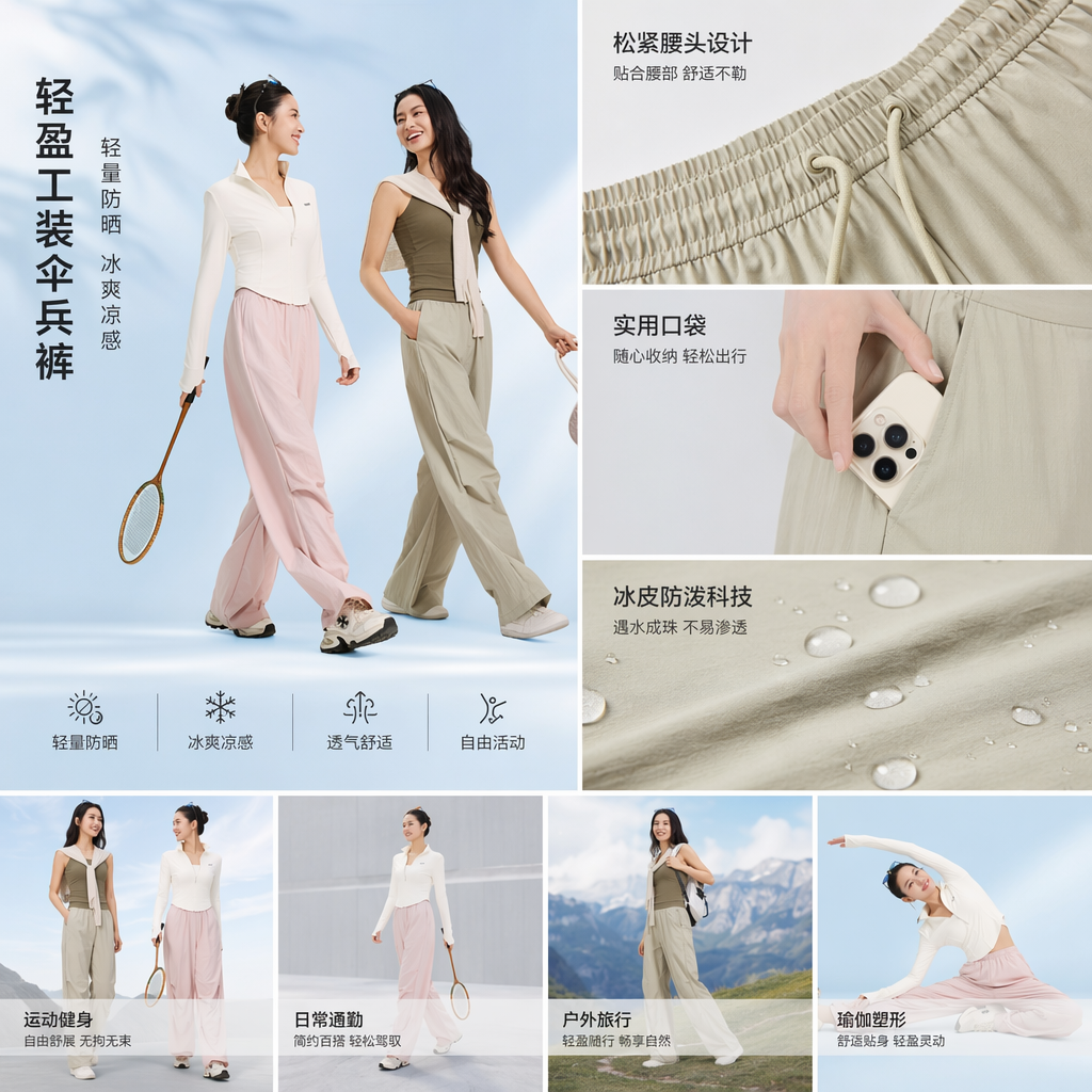 轻盈工装伞兵裤女 白色上衣配粉色裤持羽毛球拍 绿色背心米色裤提包 浅蓝渐变背景详情1