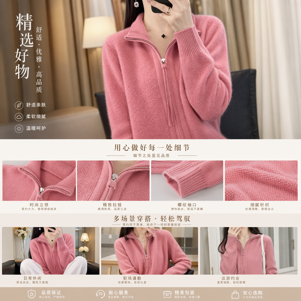 粉色拉链针织衫女纯棉混纺软糯亲肤春秋外套详情1