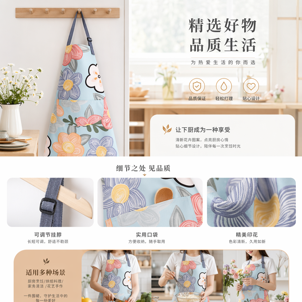 Colorful floral pattern apron, kitchen oil-proof and water-proof extended lace-up, made of cotton and linen pic 1