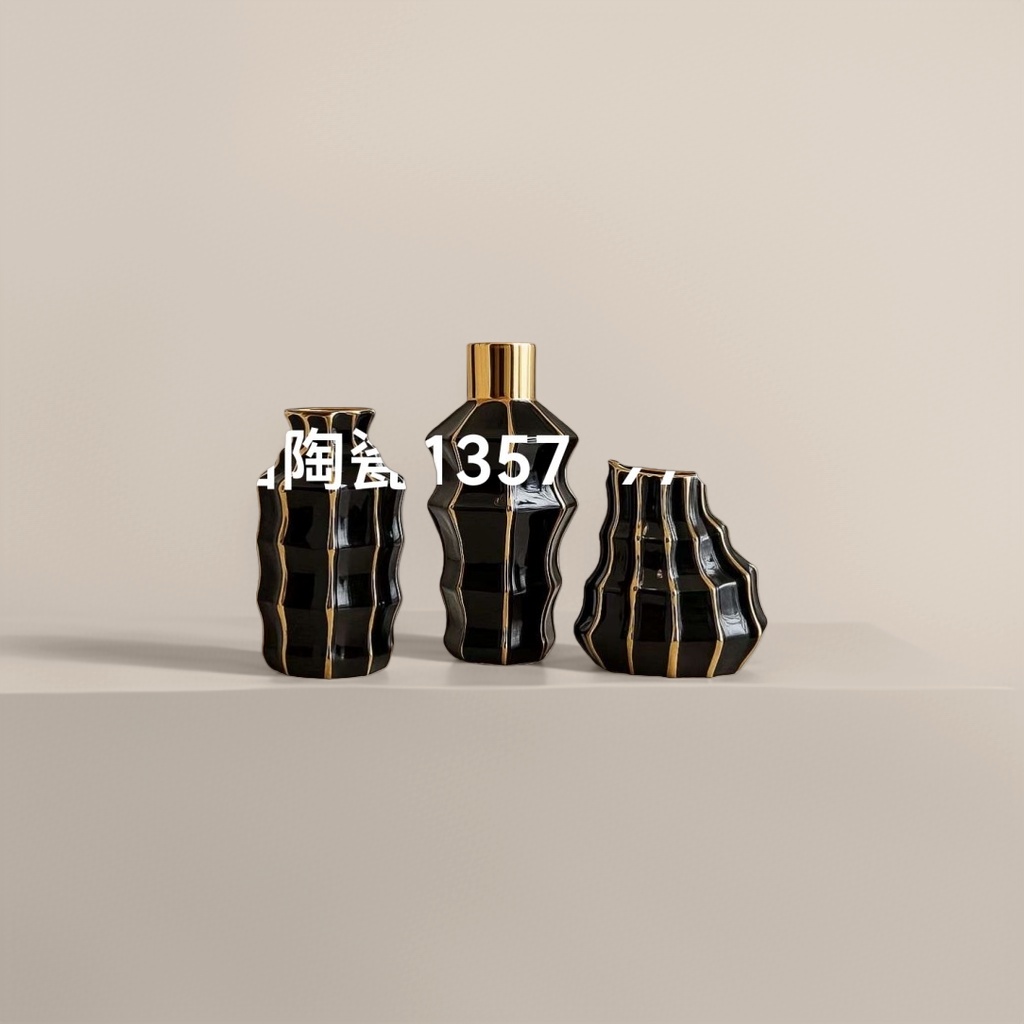黑色金边陶瓷花瓶三件套客厅装饰摆件北欧风家居插花器