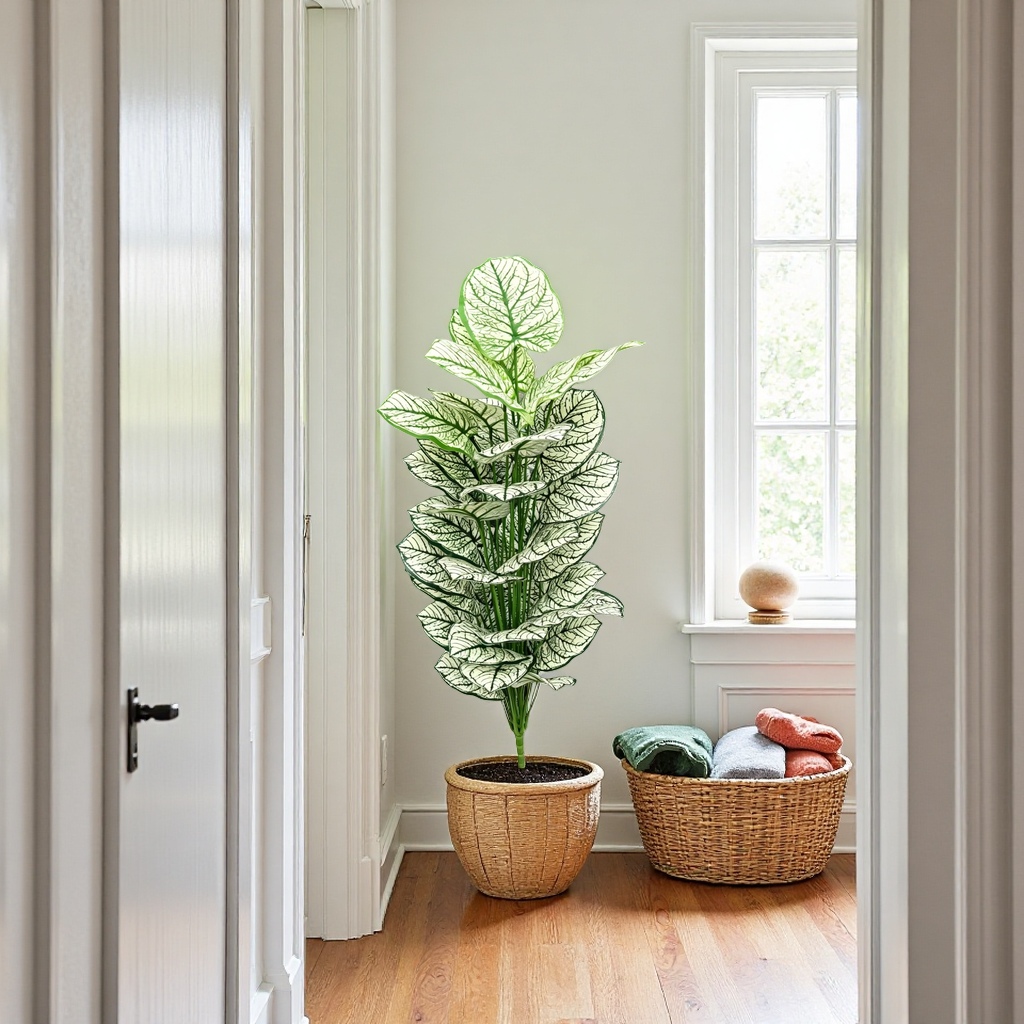 A 36-leaf green plant with green and white interlaced leaf patterns and simulated decorative flower arrangement materials