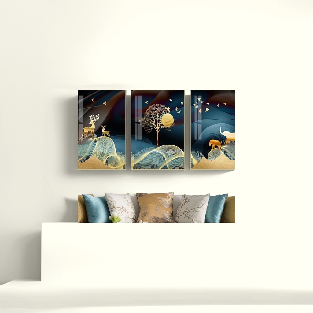 金色鹿与大象装饰画三联画产品图
