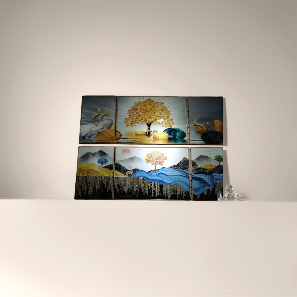 金色树木与鹿装饰画组合 北欧风客厅卧室挂画