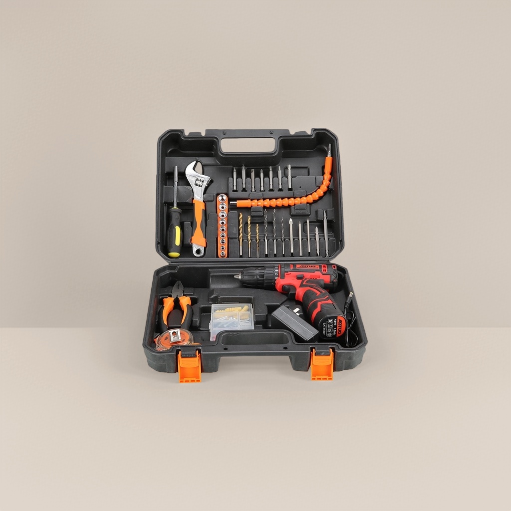 黑色工具箱套装含红色电钻及多种常用工具