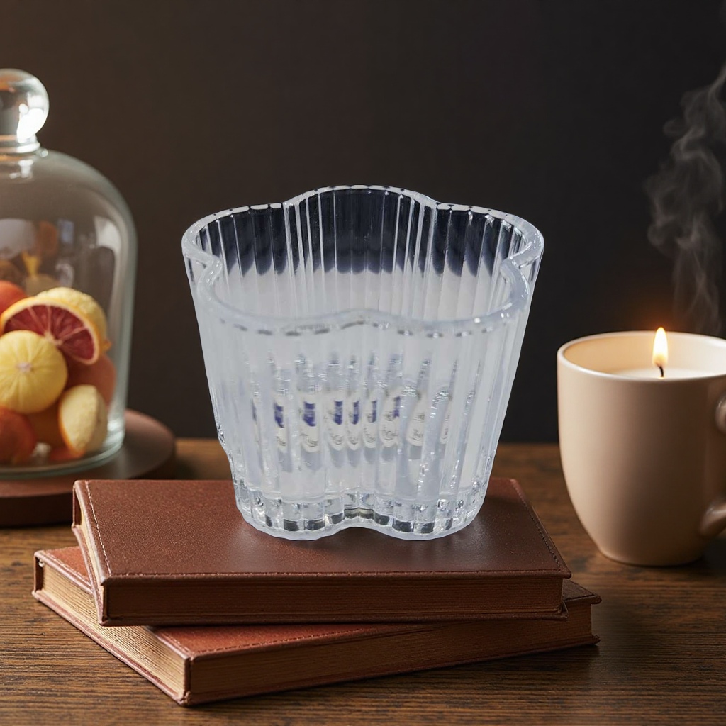 Transparent striped flower-shaped glass cup, high borosilicate heat-resistant household juice water cup details Picture