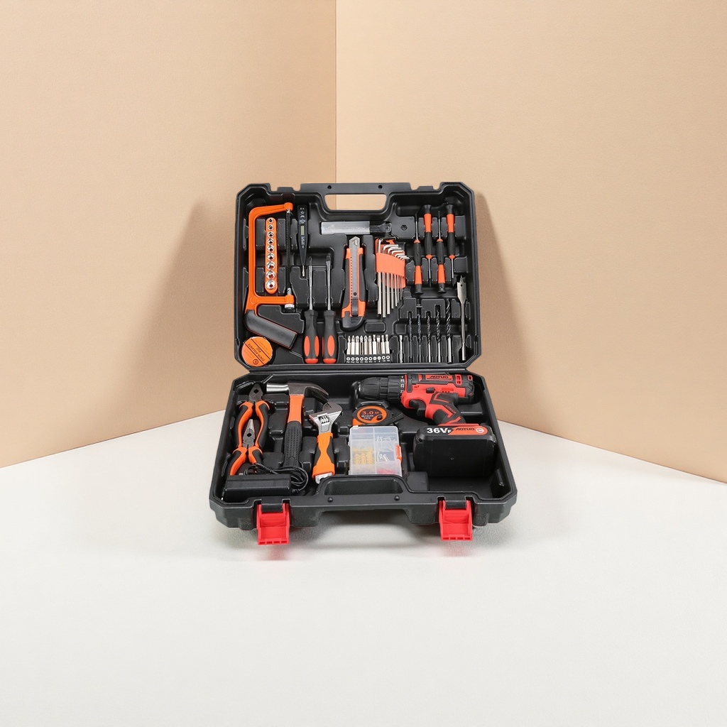 黑色工具箱含红橙色电动工具及各类手动工具