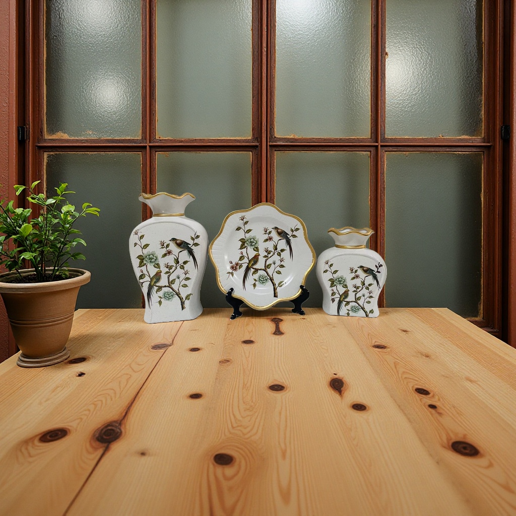 2026 New Style White Vase and Plate Set, bird-dwelling on branches, floral pattern, gold edge, white background with fine spots Ceramic vase Application Scenario