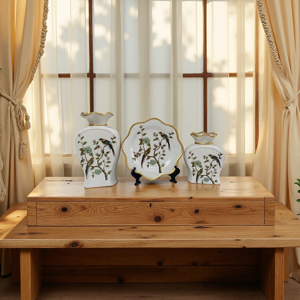 2026 New Style White Vase and Plate Set, bird-dwelling on branches, floral pattern, gold edge, white background with fine spots Ceramic vase details Picture
