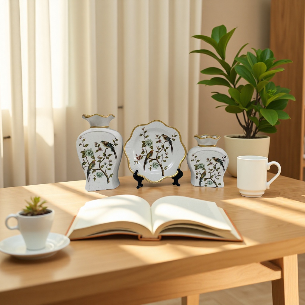 2026 New Style White Vase and Plate Set, bird-dwelling on branches, floral pattern, gold edge, white background with fine spots Ceramic vase Specification image