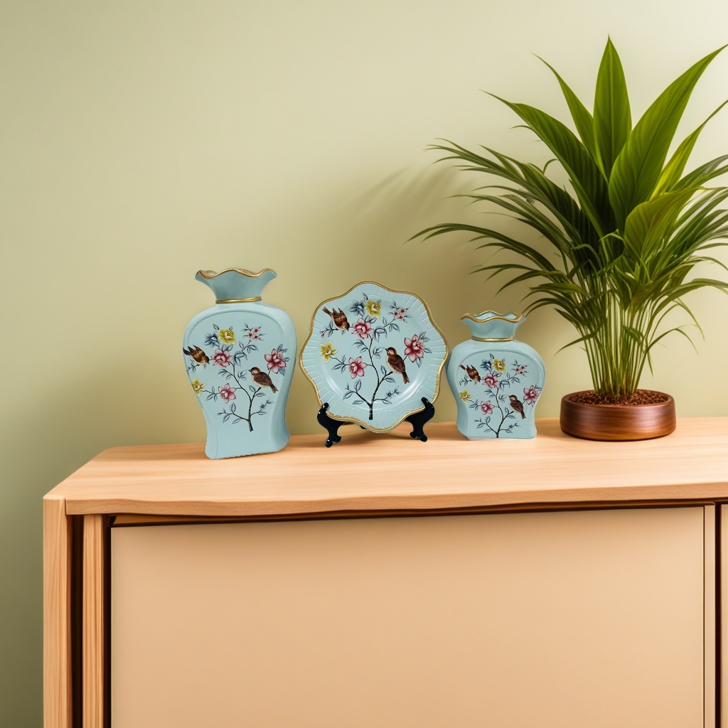 2026 New Style Ceramic Vase Three-piece set, light cyan flower and bird pattern ceramic display set, including two vases and one lace plate vase Application Scenario