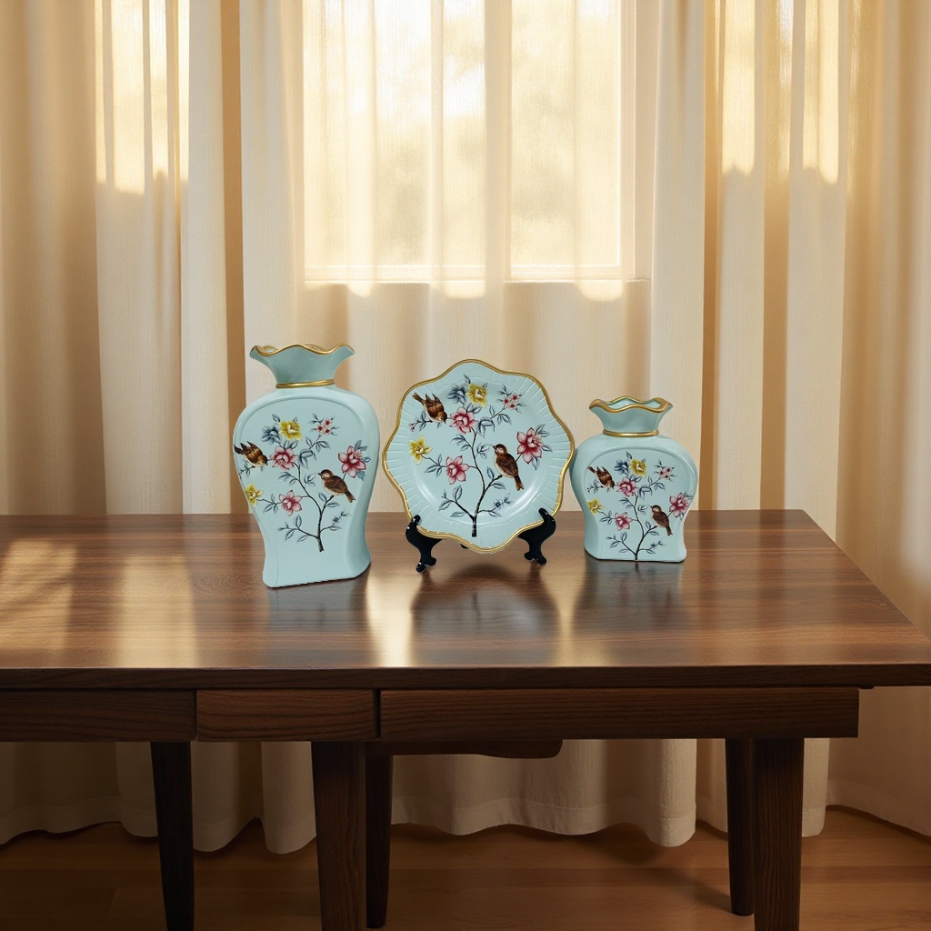 2026 New Style Ceramic Vase Three-piece set, light cyan flower and bird pattern ceramic display set, including two vases and one lace plate vase details Picture