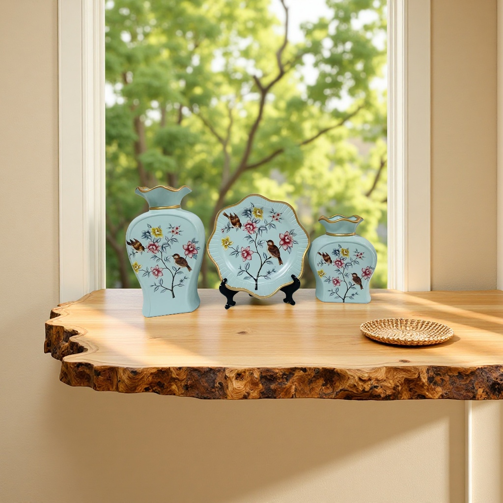 2026 New Style Ceramic Vase Three-piece set, light cyan flower and bird pattern ceramic display set, including two vases and one lace plate vase Specification image