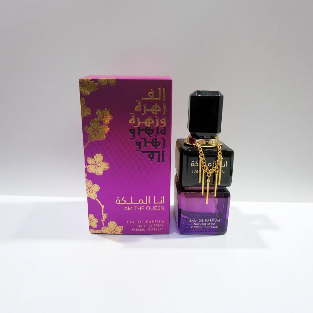 Purple packaging box, black and purple double-layer bottle body, perfume, golden cherry blossom pattern, Arabic and English engraved Specification image