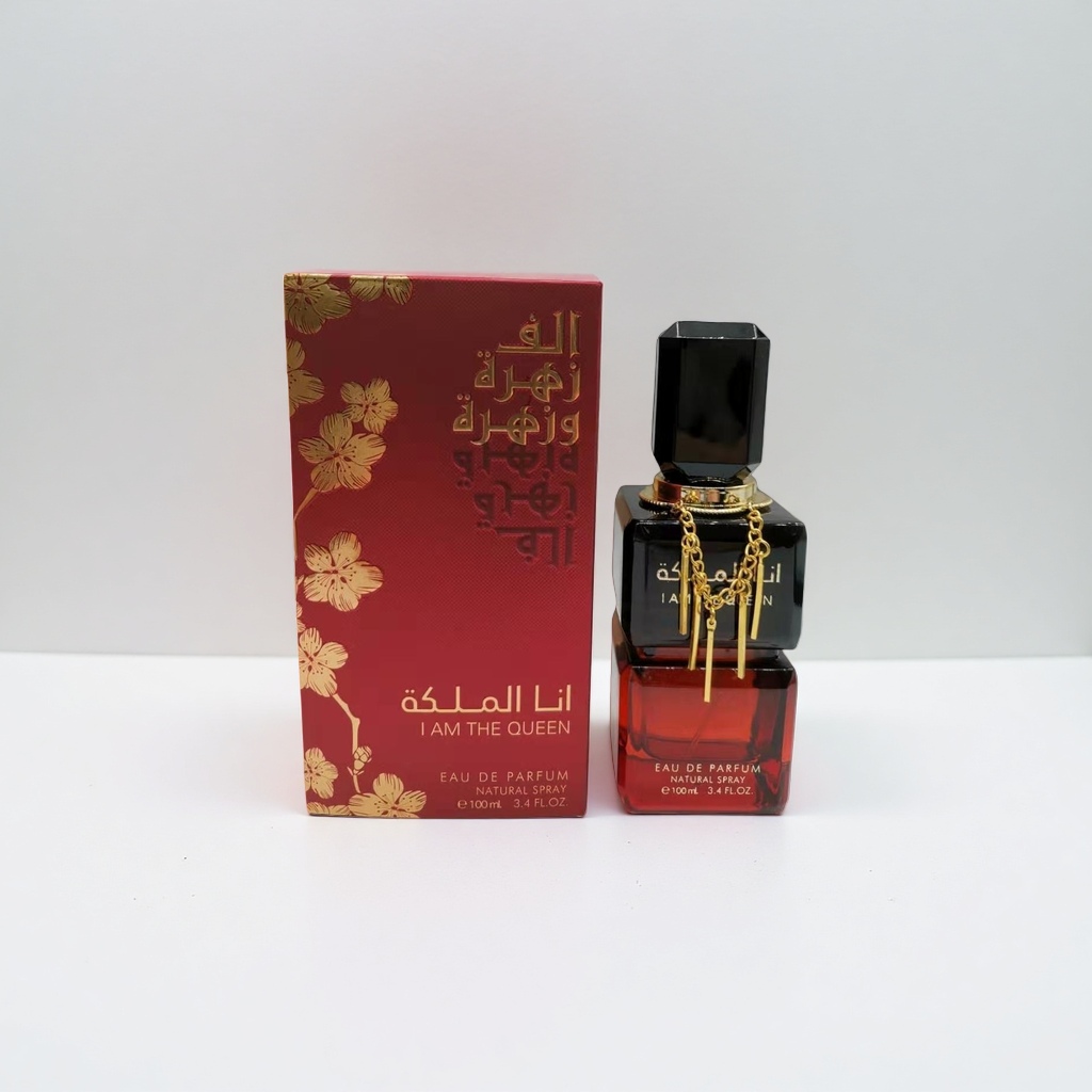 Purple packaging box, black and purple double-layer bottle body, perfume, golden cherry blossom pattern, Arabic and English engraved details Picture