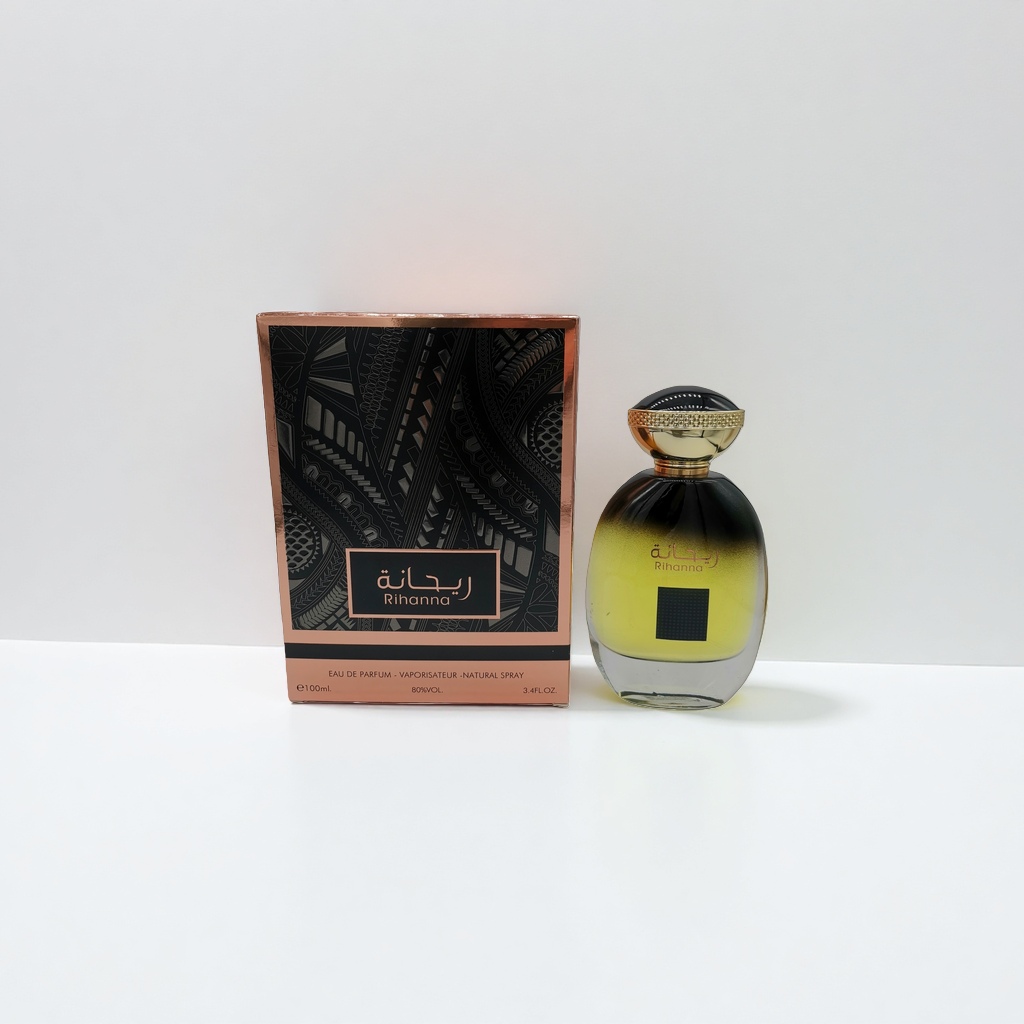 Rose gold frame black pattern packaging box with black gradient yellow perfume bottle