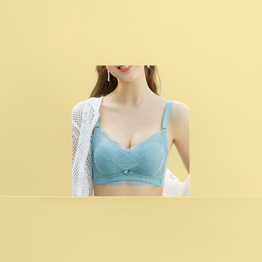 浅蓝色蕾丝女士文胸 舒适无钢圈聚拢调整型