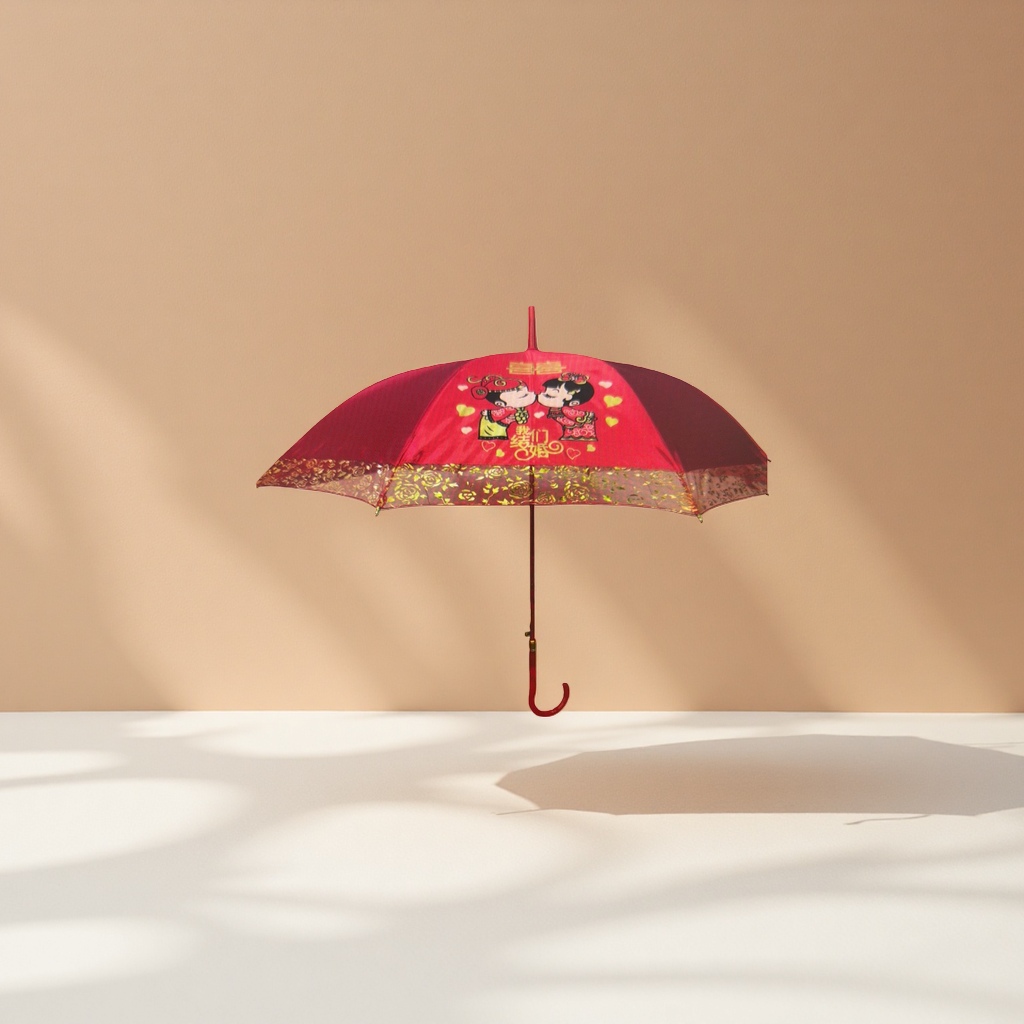 红色结婚主题喜庆雨伞 伞面印花婚礼元素晴雨两用