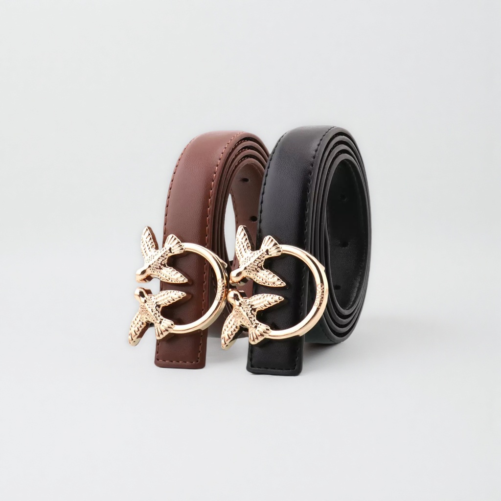 The brown and black leather belt with golden bird metal buckles is suitable for both men and women Application Scenario