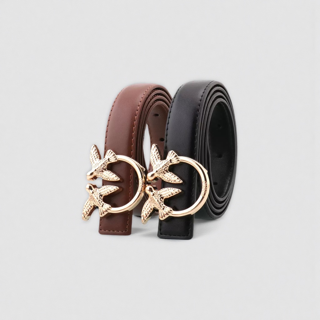 The brown and black leather belt with golden bird metal buckles is suitable for both men and women details Picture