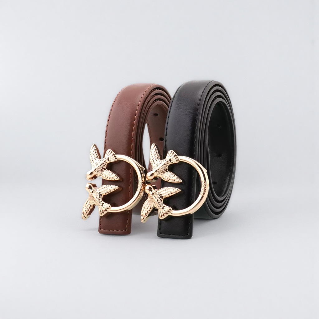 The brown and black leather belt with golden bird metal buckles is suitable for both men and women Specification image