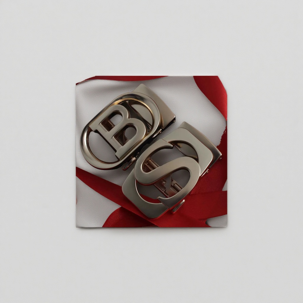 Silver metal BS letter belt buckle, red ribbon, black background decoration Specification image