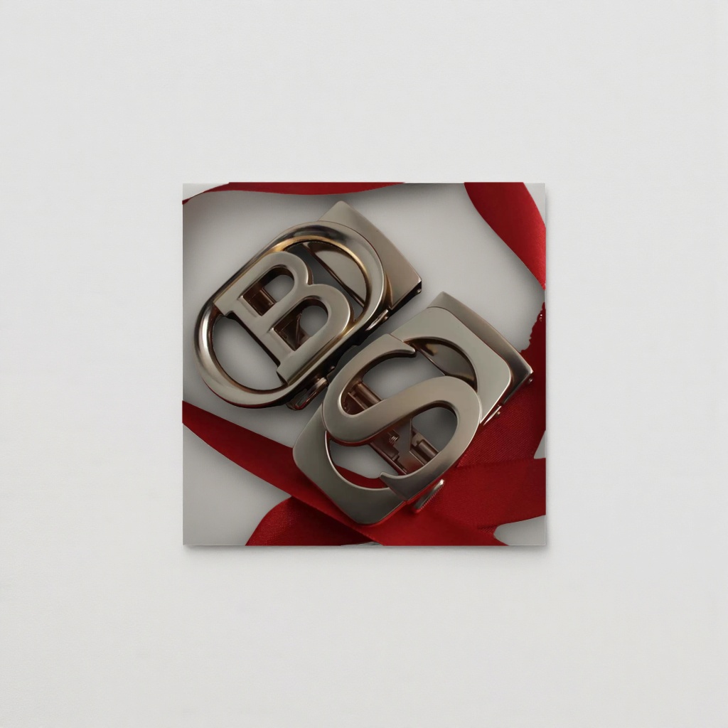 Silver metal BS letter belt buckle, red ribbon, black background decoration Application Scenario