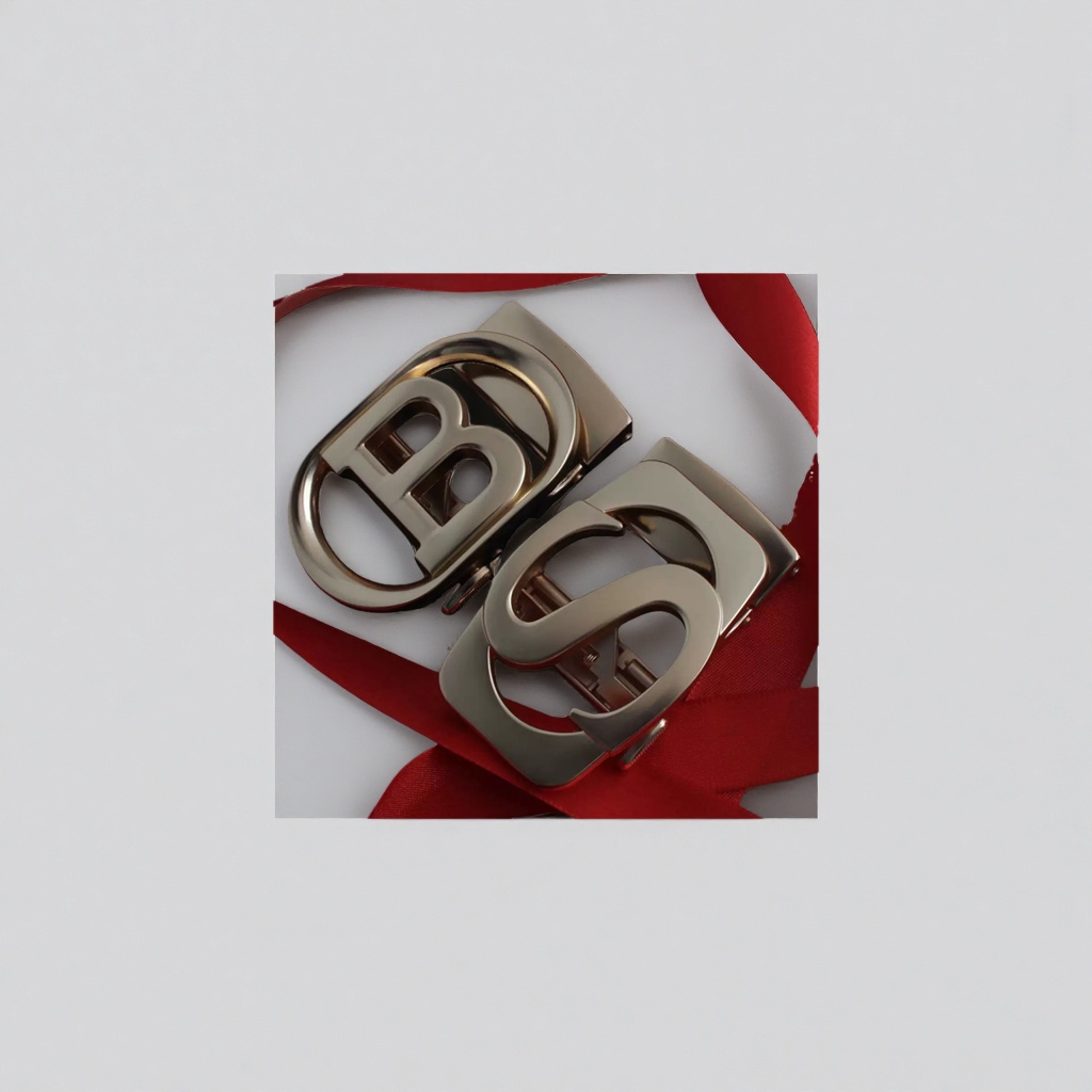 Silver metal BS letter belt buckle, red ribbon, black background decoration details Picture