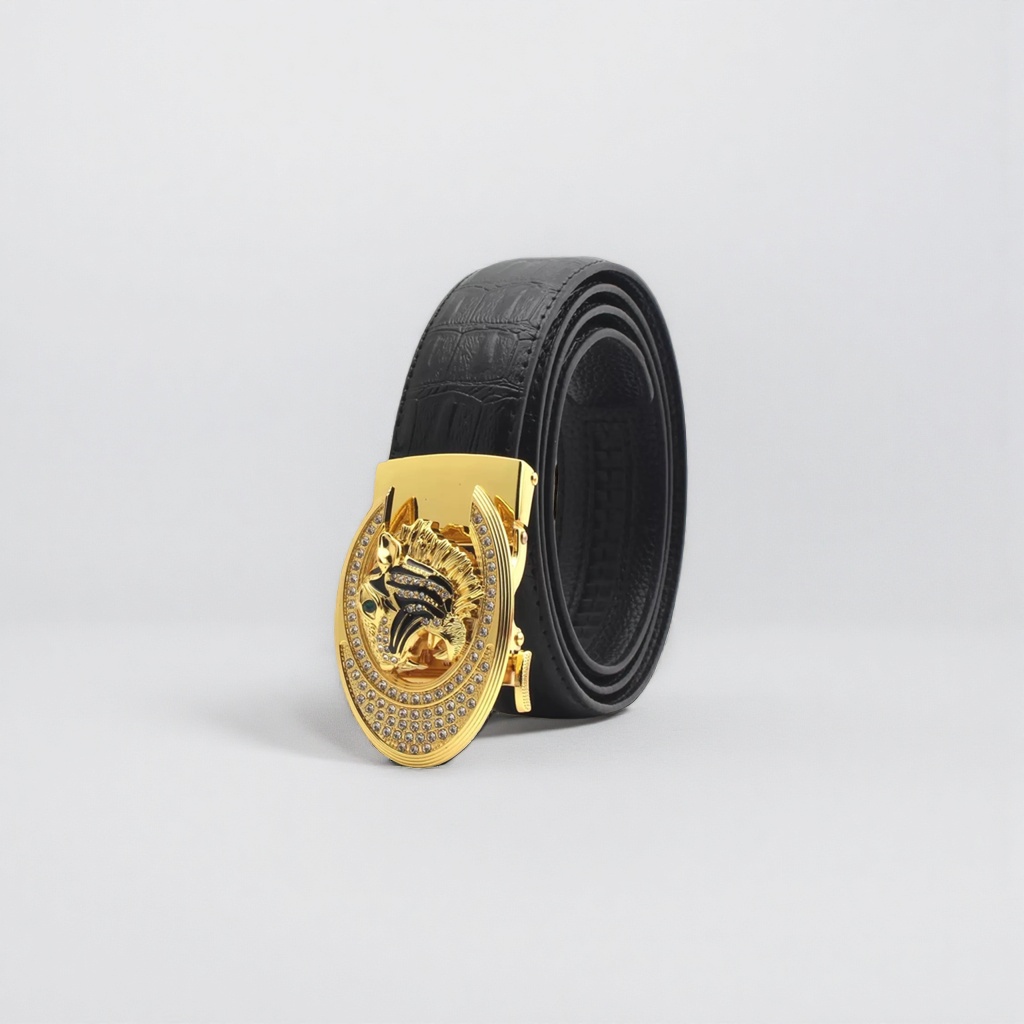 Cinturón negro estampado cocodrilo oro tigre con diamantes hebilla automática para hombre business casual cinturón details Picture