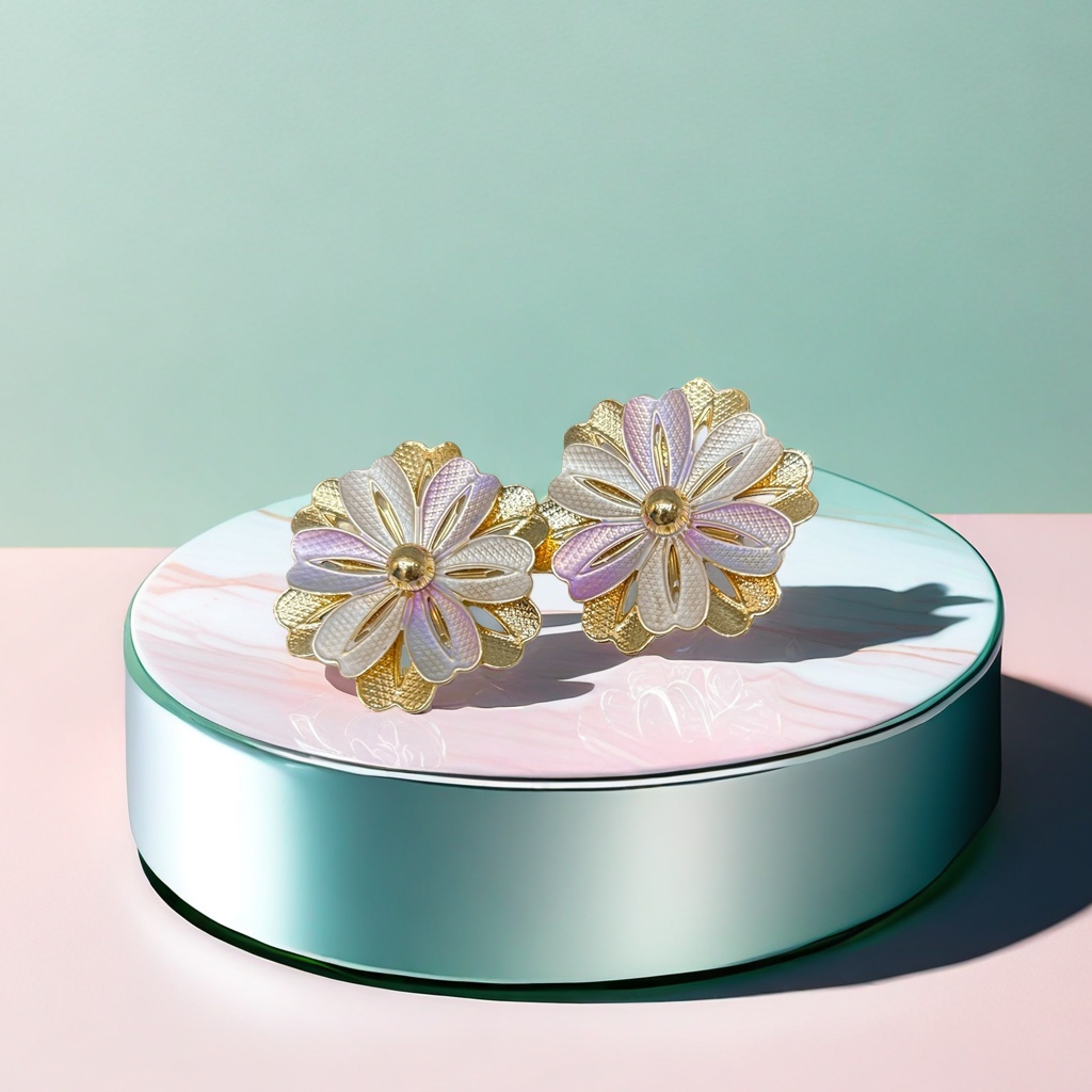 金色镶紫白渐变花瓣花朵耳钉