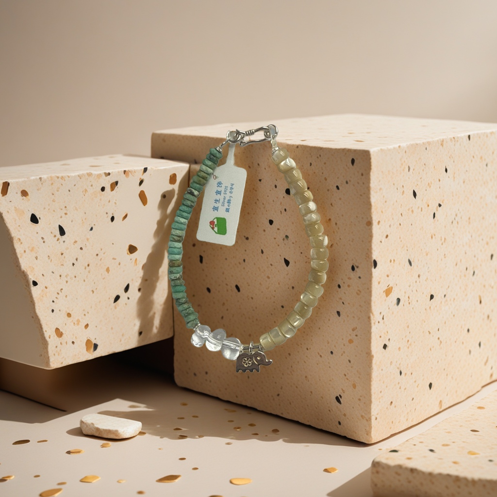 Pulsera de cordón de cuentas verde beige con colgante de elefante Specification image