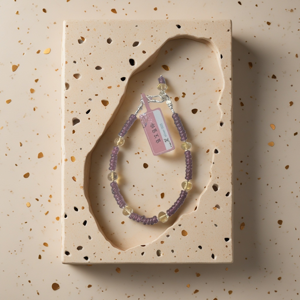 Collar de cuentas amarillo púrpura cabeza de botón de plata con etiqueta rosa