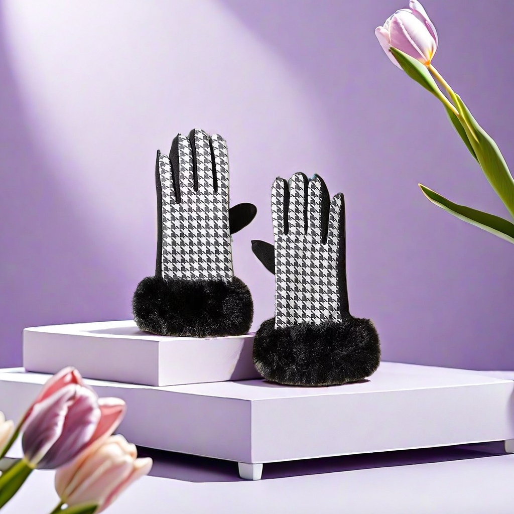 Black and white checkered knitted gloves are warm and anti-slip, fashionable accessories for women in autumn and winter Application Scenario