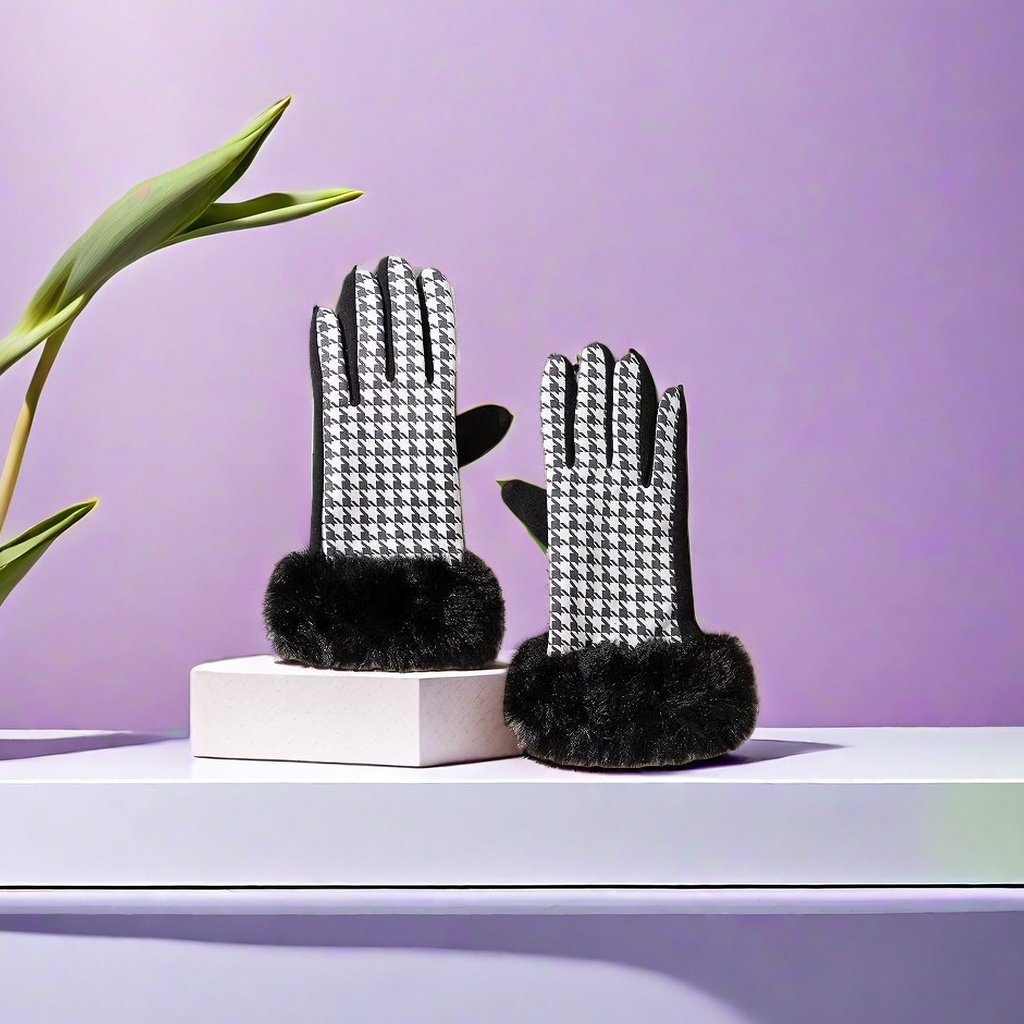 Black and white checkered knitted gloves are warm and anti-slip, fashionable accessories for women in autumn and winter details Picture