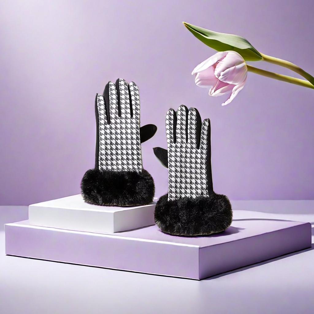 Black and white checkered knitted gloves are warm and anti-slip, fashionable accessories for women in autumn and winter Specification image
