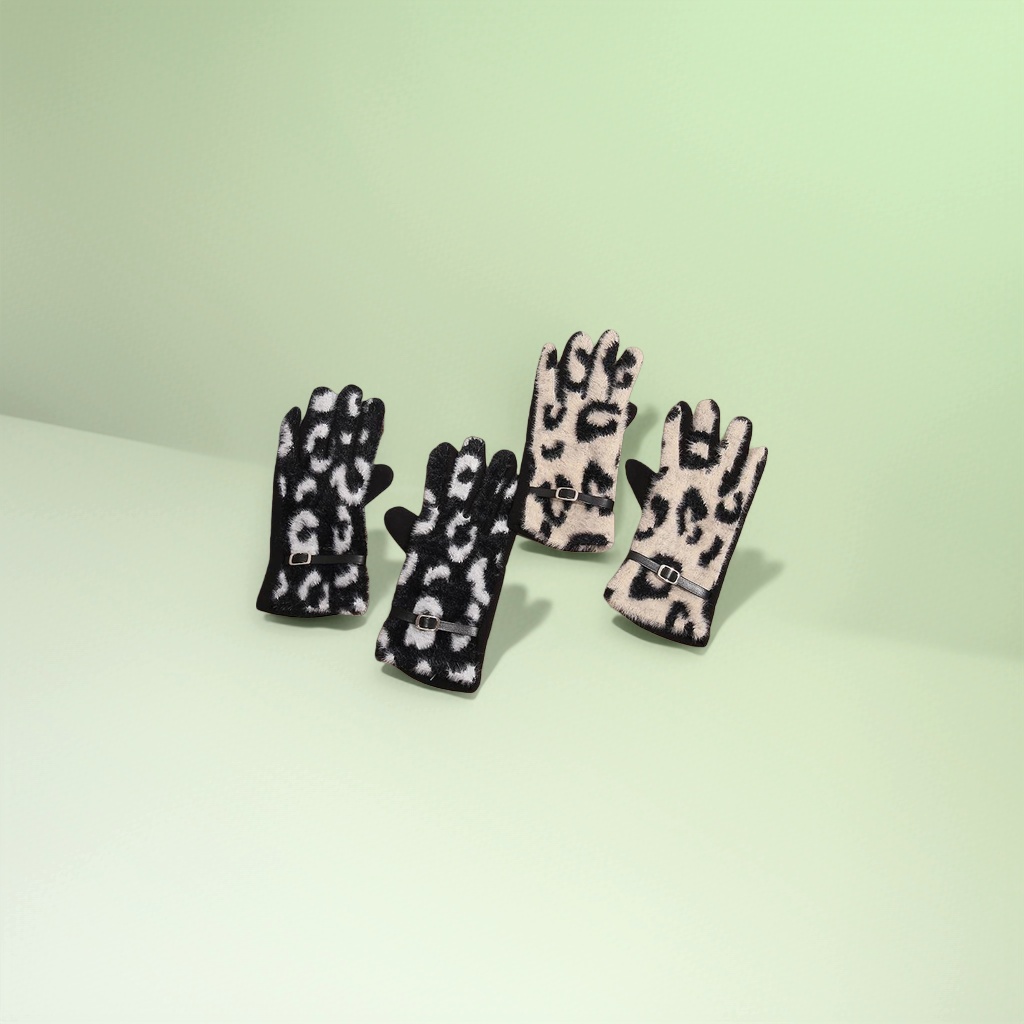 Leopard print plush warm gloves for women, thickened cold-proof touch screen, available in various colors for autumn and winter details Picture
