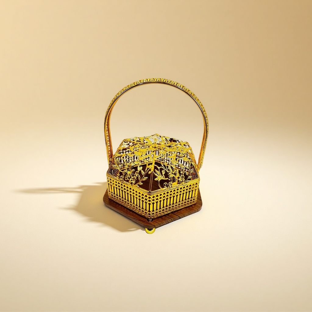 金色镂空雕花提篮 手提式复古风礼品包装篮 Specification image