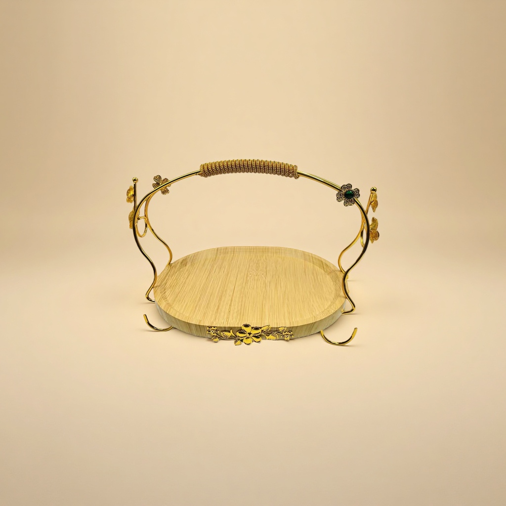 A golden floral tray with a wooden base, a decorative item for a living room coffee table Specification image