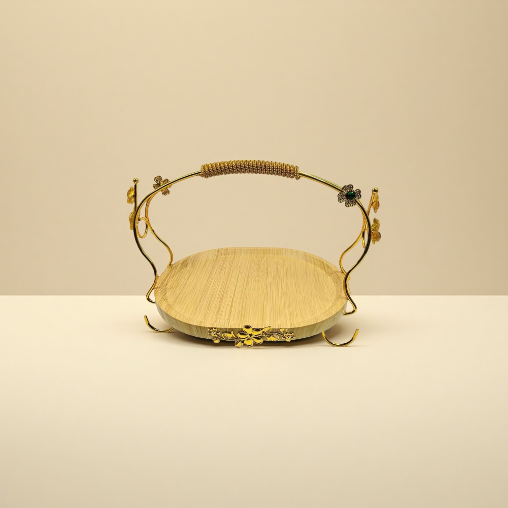 A golden floral tray with a wooden base, a decorative item for a living room coffee table Application Scenario