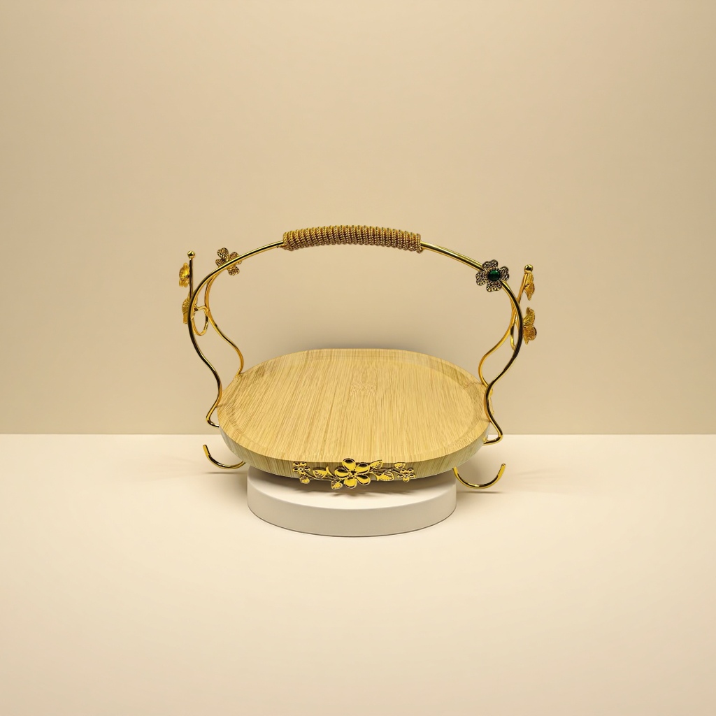 A golden floral tray with a wooden base, a decorative item for a living room coffee table details Picture