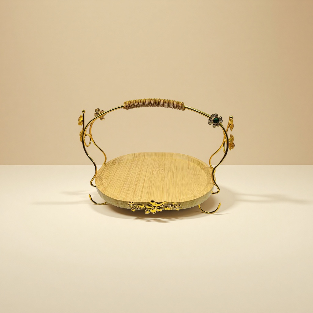 A golden floral tray with a wooden base, a decorative item for a living room coffee table