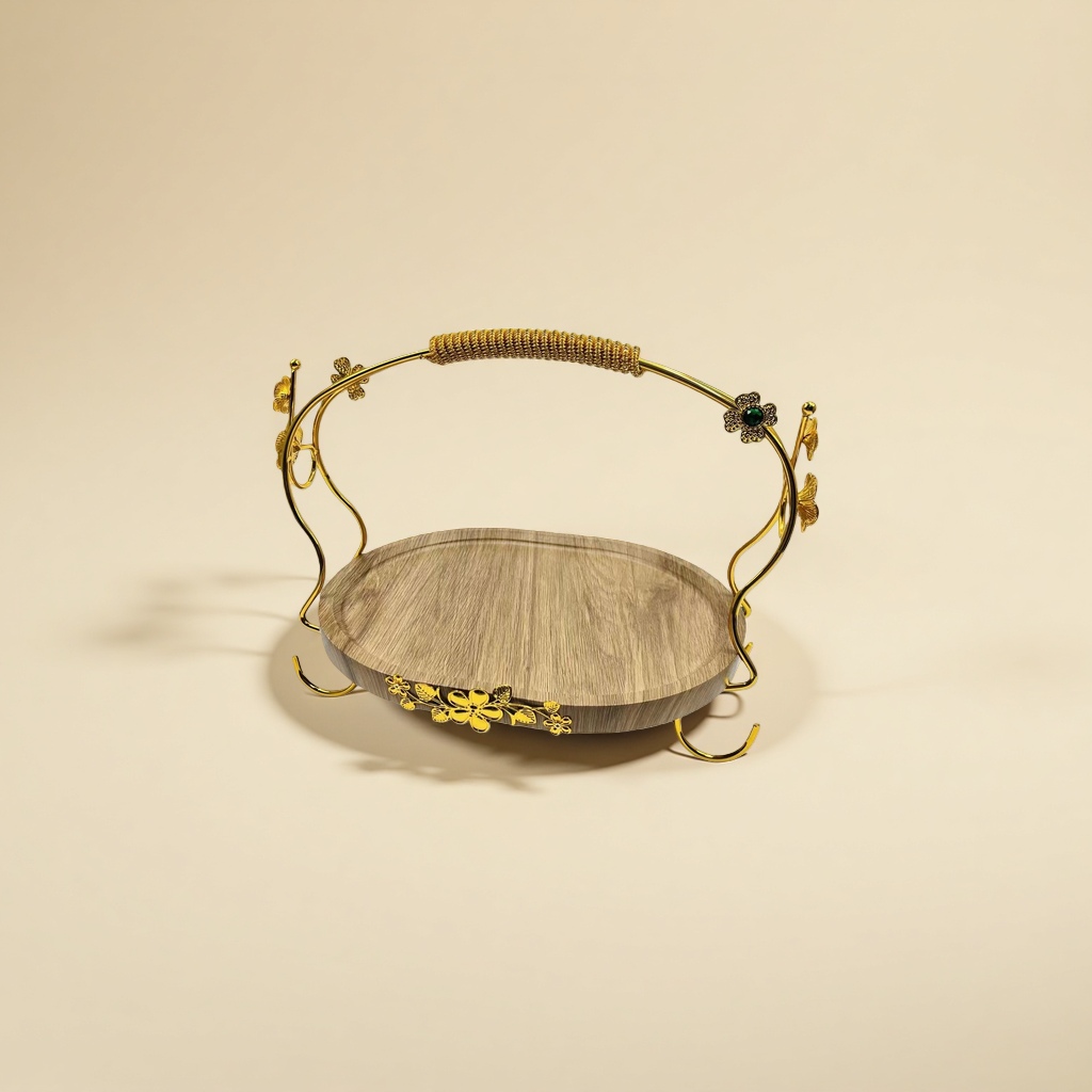 The golden floral decoration tray for the living room coffee table, with a retro and light luxury style for display and storage details Picture