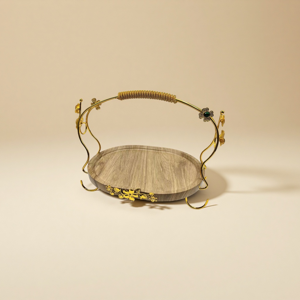The golden floral decoration tray for the living room coffee table, with a retro and light luxury style for display and storage